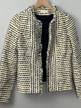 Ann Mashburn Silk Blend Open‎ Blazer Blue Yellow Cream Women’s Size Small
